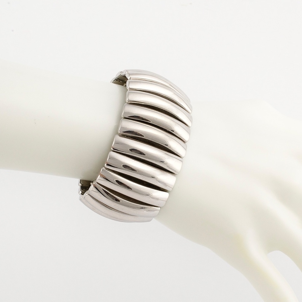 Vintage Bergère Silver Tone Expandable Stretch Bracelet Wide Mid-Century Modern